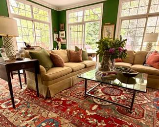 Chelsea House Lamps, Palace Size Heriz, MCM brass coffee table, antique pembrooke tables, custom pillows 