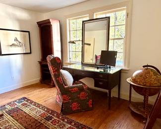 Leon Danchin, Globe Bar Cart, Antique rugs, Stunning Desk....