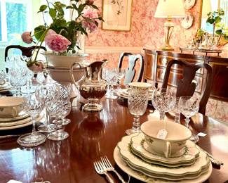 Table is set with Waterford, Vietri plates, antique crystal and more