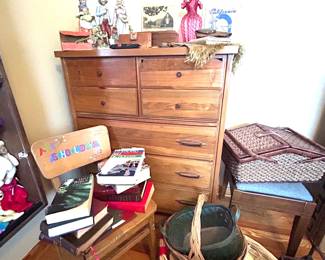 MCM Walnut chest , baskets, school chair 