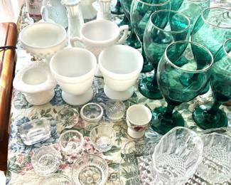 salt cellars, milk glass , Libbey glasses 
