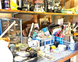 chalk line, tape measure, screw and bolt caddy, wire brushes, routers 