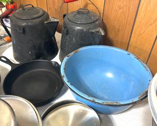 blue enamel bowl, enamel coffee pots 