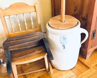 #3 Louisville butter churn, vintage child's rocker 