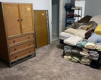 Armoire and headboard, linens
