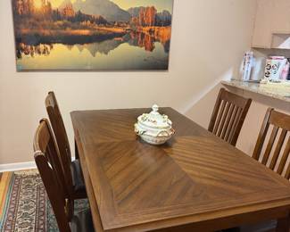 Dining room table 4 chairs $425, green oriental 8x10 rug $200