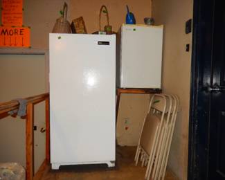 upright freezer, mini fridge, padded folding chairs, entrance to basement