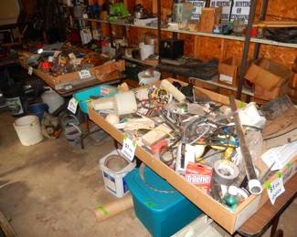 two tables full of $1 choice items in garage (hundreds of items)