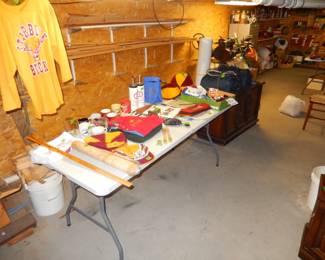 Starbuck items on table, record player, lathe, xmas corner