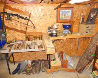 Duck calls, bows, knives, tumbler, crossbow