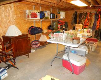 treadle, sewing cabinet, glassware in table, misc on shelves