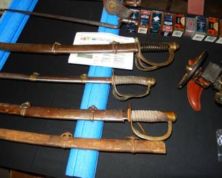 Civil war cavalry sword, two others, two bayonets, Gatling gun, ammo