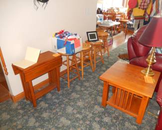 Living room couches, end tables, stools,