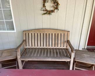 235 HandCraftedWeatheredTeakPorchBenchwith2SideTables