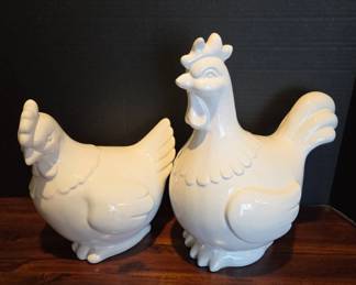 White Ceramic Rooster and Hen Figures