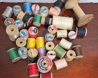 Vintage Wooden Spools w Thread and Holder