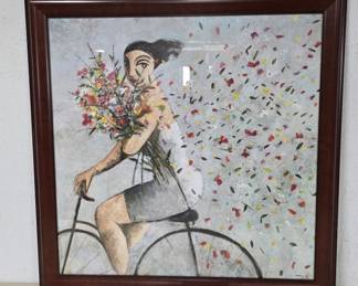 Framed Art of Woman on Bicycle