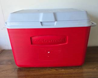 Red Rubbermaid Cooler With Gray Lid