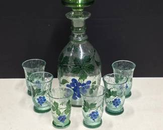 Hand-Painted Glass Decanter Set with Green Grape M