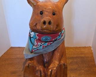 Hand-Carved Wooden Sitting Pig Sculpture