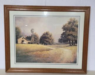 Framed Farm Scene Print With Windmill