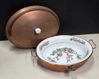 Copper Chafing Dish With Floral Porcelain Insert