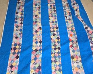 Handmade Quilt with Patchwork and Blue Stripes