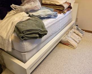 Twin bedframe & linens.  curtains.  padded hangers