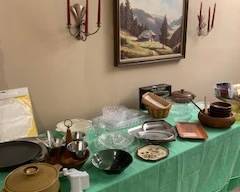 serving pieces.  Mountain cabin picture, copper sconces