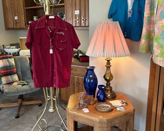 Cast Iron Dog Bank, Decorative Vases, Wooden Side Table 