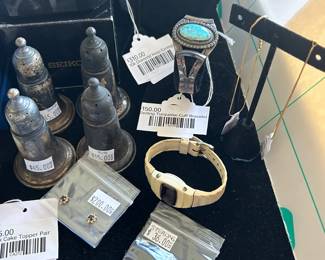 Sterling Turquoise Cuff Bracelet, Sterling Earrings, Vintage Salt & Pepper Shaker 