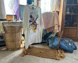 Macrame Butterfly Towel Holder, Wicker Lidded Basket, Woven Rug