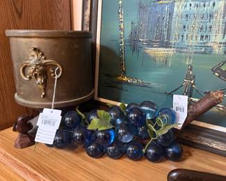 MCM Lucite Grapes, Brass Lion Head Planter  