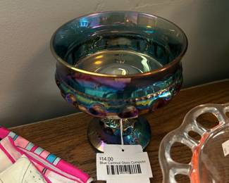 Blue Carnival Glass Compote 