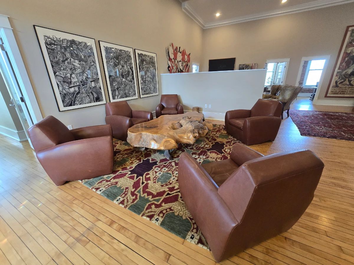 1. Five Dakota Jackson Leather chairs 1980's 2. Wood table  3. Large area rug 