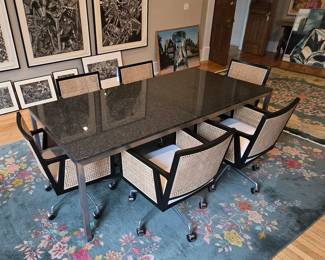 Table ( granite top and chrome) and Found hands chairs (10)