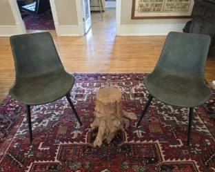 Two Arhaus Vinyl Chairs and Tree stump side table