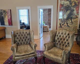 Tufted Wingback Distressed Leather Chairs