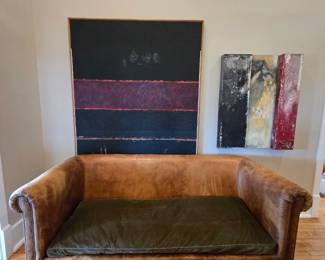 1. Ralph Lauren distressed leather sofa  (paintings not for sale)