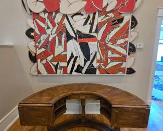 1. Painting by John Bjerklie (abstract) 2. Antique Hunt Table (back)