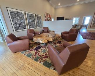 1. Five Dakota Jackson Leather chairs 1980's 2. Wood table  3. Large area rug 