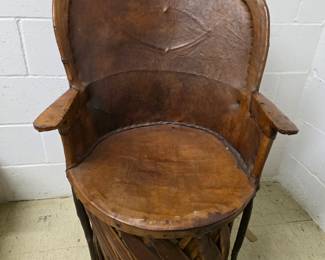 Folk Art Leather / Wood Chair