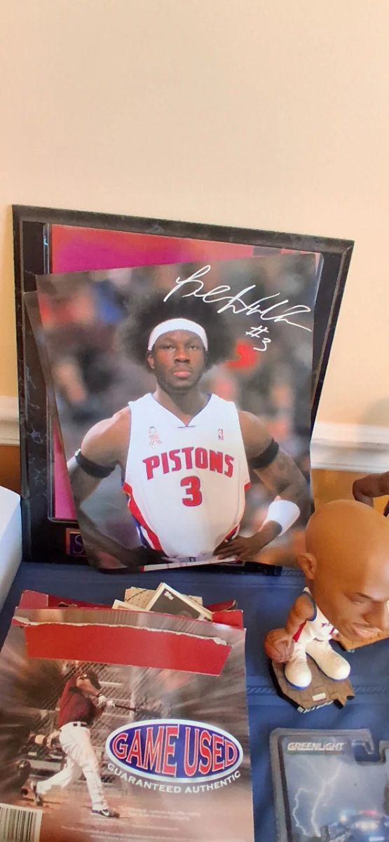  Visually searched image This image shows a framed, autographed sports collectible featuring a portrait of professional basketball player Ben Wallace in a Detroit Pistons jersey.        2 sites 2010-11 Donruss - Ben Wallace #56 for sale - eBay 16 results for. 2010-11 Donruss - Ben Wallace #56. Sport. Basketball. Set. 2010-11 Donruss. Player/Athlete. Ben Wallace. Card Numb...   eBay Ben Wallace Rip Hamilton Detroit Pistons Signed 16x20 Photo ... BG Entertainment is a family owned and operated business located in the New York Tristate area. For nearly a decade, we have been ...   eBay Visually searched image price The estimated market value for a framed, autographed Ben Wallace Detroit Pistons photo typically ranges from $125 to $300