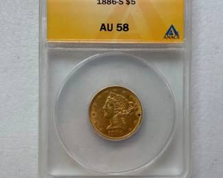  02 1886S $5 LibertyMotto Gold Pc. ANACS Graded AU58