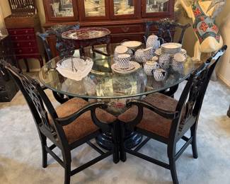 Glass Table with Oriental Pot base and 4 Leopard fabric Chairs