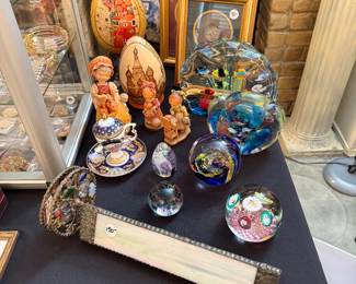 Eggs, Glass paperweights, Coins, etc.