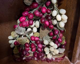 Vintage Chinese Hand Carved Jade Sculpture of Green and Red Grapes