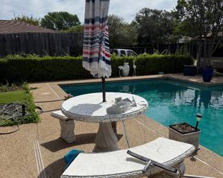 Cement Table with 2 Benches, Umbrella