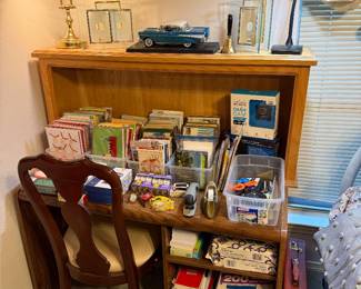 Desk and Chair, Greeting cards, office supplies, Lamps, Frames