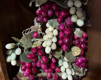 Vintage Chinese Hand Carved Jade Sculpture of Green and Red Grapes